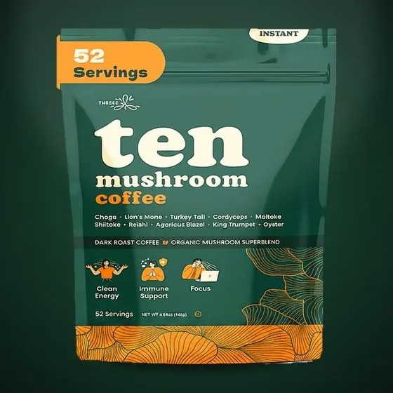 Threee ten-mushroom dark roast instant coffee bag